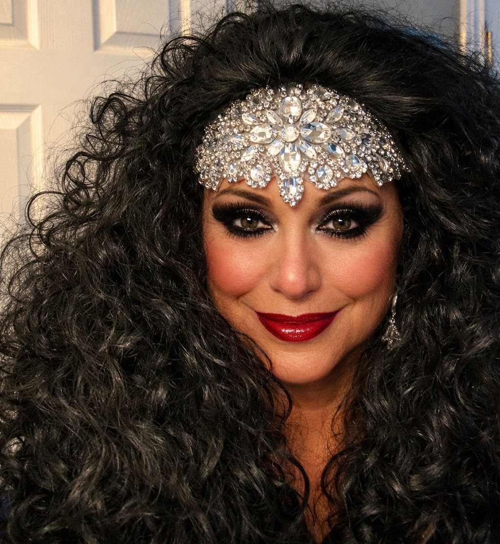 Portrait of Cher Alike in the signature rhinestone headpiece